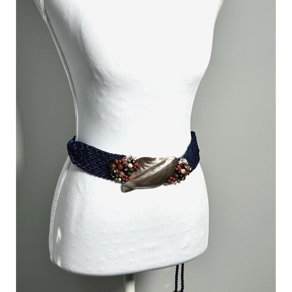 Handcrafted Blue Braided Rope‎ Tie Belt Mother of Pearl Centerpiece Boho S/M